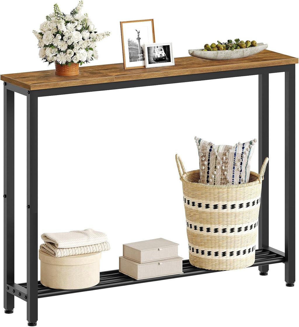 YATINEY Narrow Console Table, 2-Tier Small Sofa Table, 39.4" Thin Entryway Behind Couch Table with Shelves, Industrial Hallway Table, for Living Room, Foyer, Rustic Brown and Black CT25BR