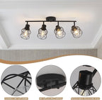 BUXVRCS Adjustable Multi-Directional Black Light Fixtures, Semi Flush Mount Ceiling Light, Kitchen Light Fixtures Ceiling Mount, Geometric Metal Cage Industrial Spotlight Fixtures for Dining Room