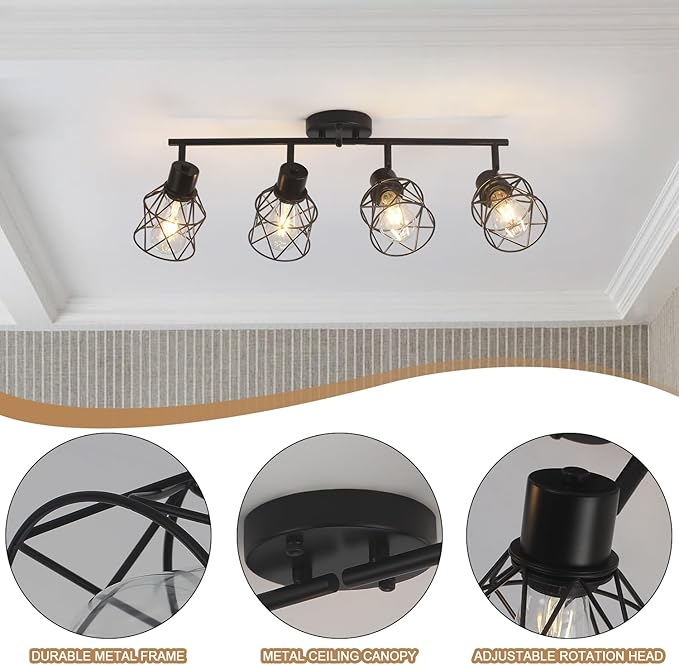 BUXVRCS Adjustable Multi-Directional Black Light Fixtures, Semi Flush Mount Ceiling Light, Kitchen Light Fixtures Ceiling Mount, Geometric Metal Cage Industrial Spotlight Fixtures for Dining Room