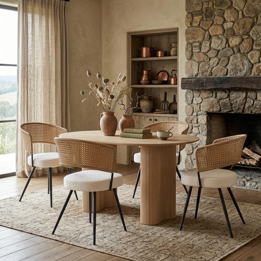 Rattan Dining Chairs Set of 4,Farmhouse Upholstered Teddy Cushion with PE Cane Round Back Kitchen Chair,Mid Century Modern Dining Room Chair with Black Metal for Kitchen,White