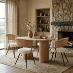 Rattan Dining Chairs Set of 4,Farmhouse Upholstered Teddy Cushion with PE Cane Round Back Kitchen Chair,Mid Century Modern Dining Room Chair with Black Metal for Kitchen,White
