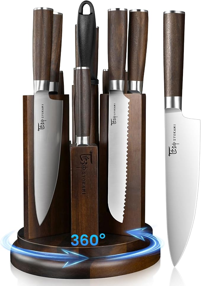 Kitchen Knife Set with Magnetic Block and Sharpener 14 Piece Knife Set 360° Rotatable Holder Ultra Sharp High Carbon Stainless Steel Knives Sets with Steak Knives, Anti-slip Ergonomical Handle