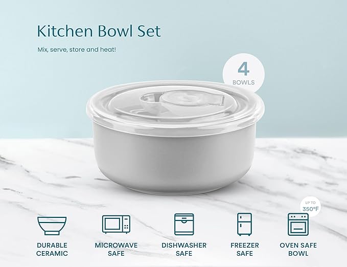 KooK Ceramic Mixing Bowls, Nesting Bowls, Set of 4, Kitchen Bowls, Prep, Serving, Gift, Microwave and Dishwasher Safe, 10/16/29/47 oz, (Grey)