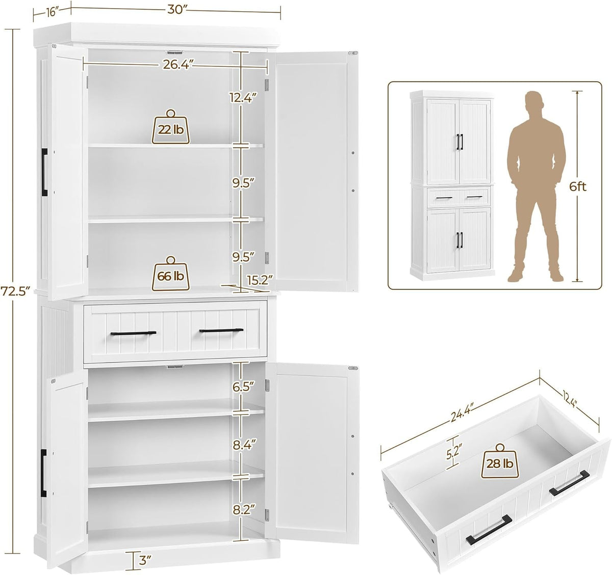 Yaheetech 72.5" H Freestanding 4-Door Kitchen Storage Cabinet,White | Stand‑up Pantry with Adjustable Shelves & Wide Drawer, Engineered Wood Construction, Kitchen/Living Room