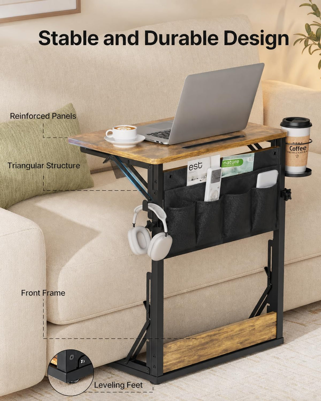 HUANUO Adjustable TV Tray Table with Cup Holder, Storage Bag & Tablet Slot