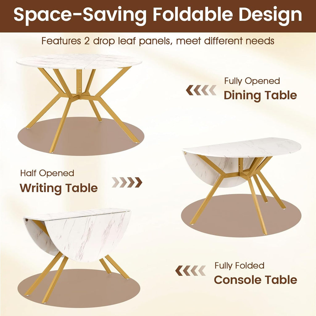 Giantex Folding Dining Table for 4-6 People, 47" Round Drop Leaf Table with Metal Frame, Mid-Century Modern Expandable Kitchen Tables for Small Spaces Dinette Living Room Restaurant (White)