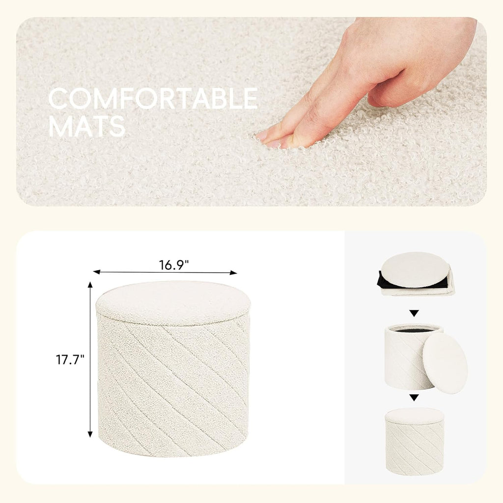 PINPLUS Ottoman with Stroage Round Boucle Ottoman and Tray Sherpa Removable Foot Stool Coffee Table for Dorm, Living Room White, 16.9"x16.9"x17.7"