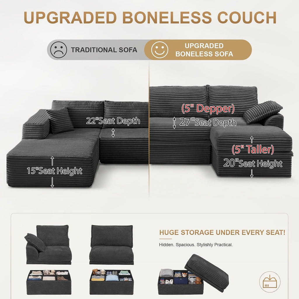 142" Upgraded Couch with Storage, Modular Sectional Couches for Living Room, Oversized Deep Seat 6-Seat U Shaped Cloud Sofa with Ottoman & Pillows,Corduroy,No Assembly (Gray)