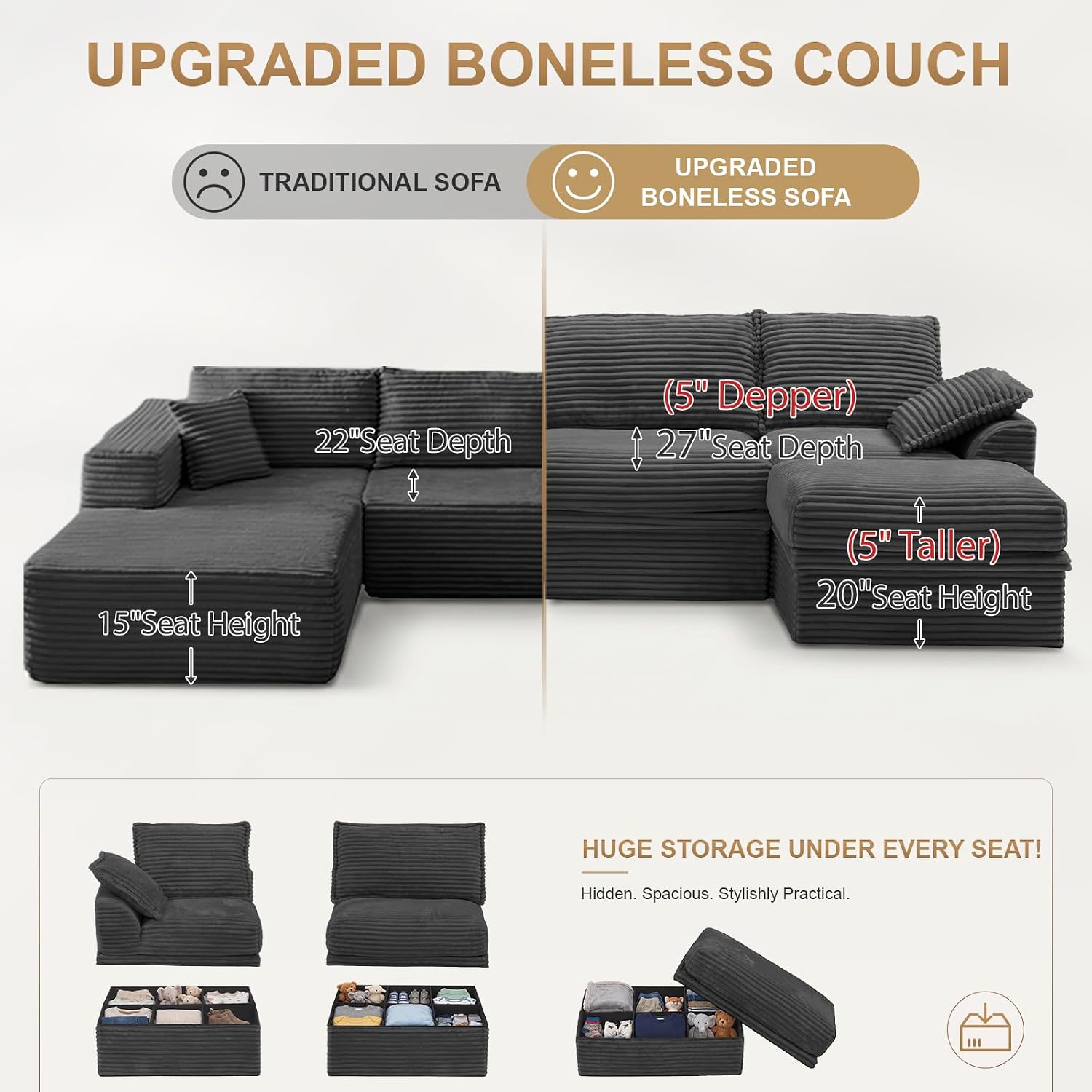 142" Upgraded Couch with Storage, Modular Sectional Couches for Living Room, Oversized Deep Seat 6-Seat U Shaped Cloud Sofa with Ottoman & Pillows,Corduroy,No Assembly (Gray)
