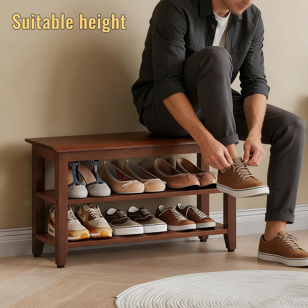 Wood Shoe Bench for Entryway,Bench with Shoe Rack,Storage Shoe Organizer for Hallway,Living Room,Bedroom (Brown, 31.5''W×11.81‘’D×17.71‘’H)