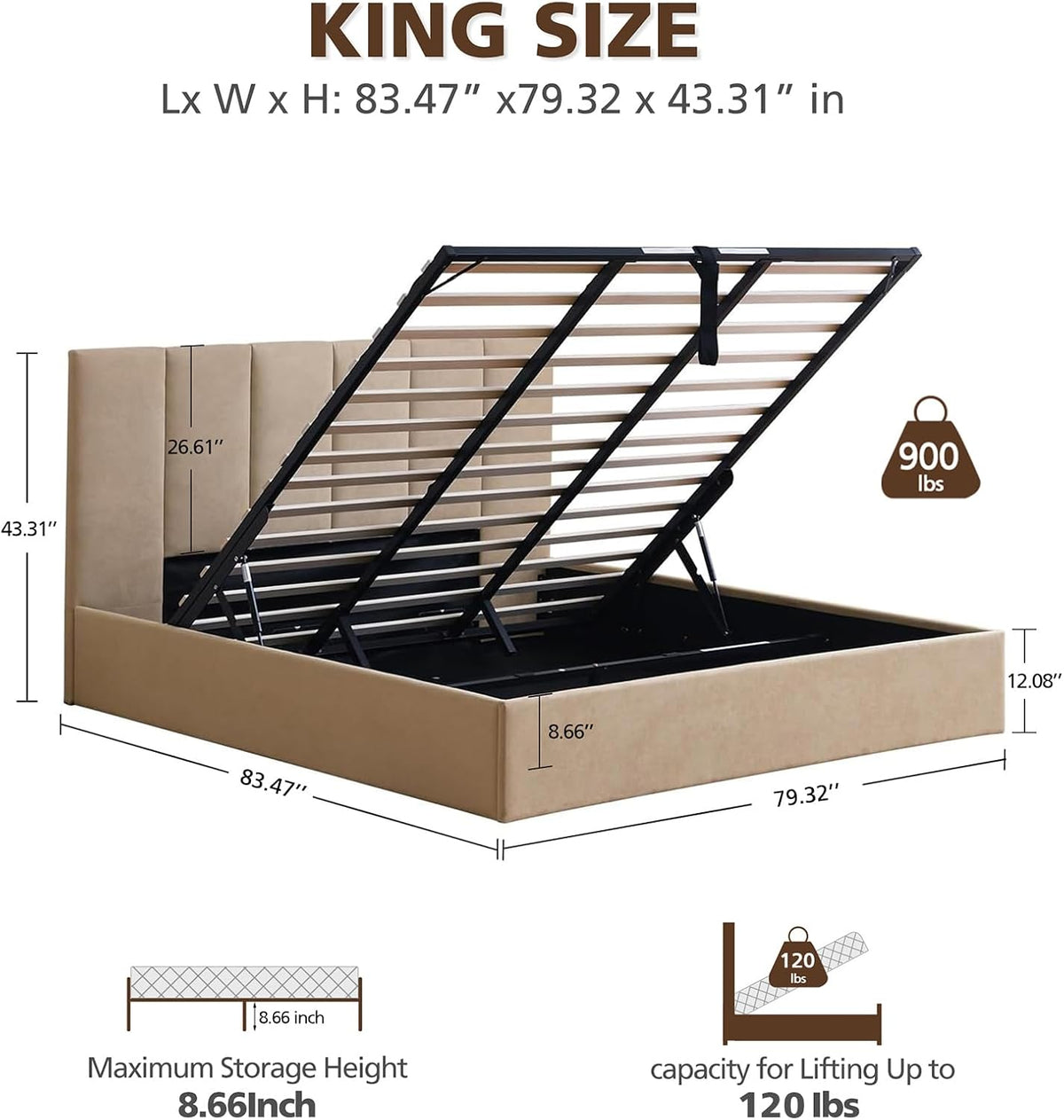 VELOCAVA King Size Upholstered Lift-Up Storage Bed, Beige Linen-Look Fabric Bed Frame with Vertical Panel Headboard, Hydraulic Lift Storage, Wooden Slat Support, No Box Spring Needed