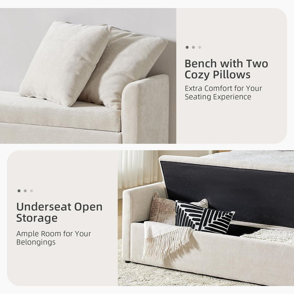 59.5" Modern Storage Ottoman Bedroom Bench, End of Bed Bench with Throw Pillows and Arms, Footrest Stool for Living Room, Dining Room, Entryway and Hallway, Linen