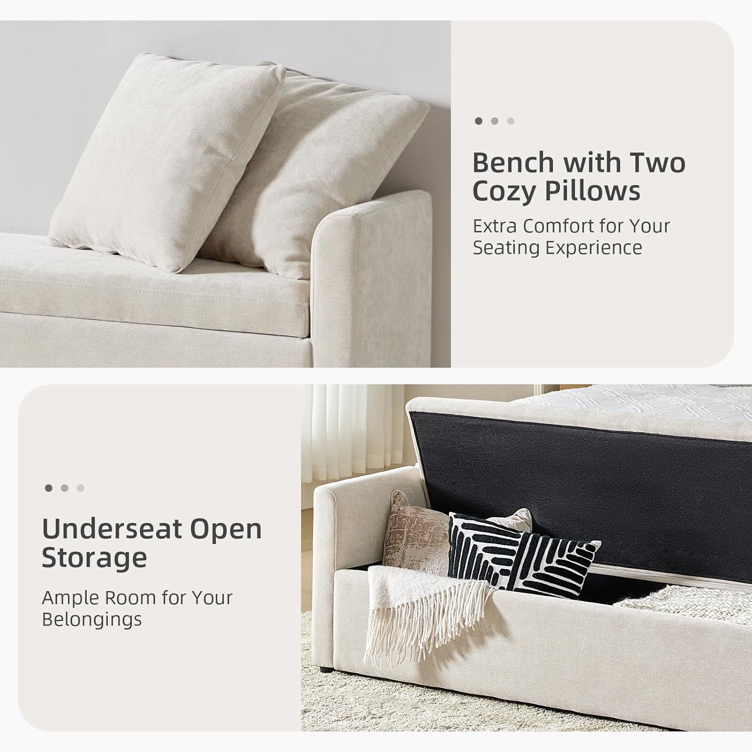 59.5" Modern Storage Ottoman Bedroom Bench, End of Bed Bench with Throw Pillows and Arms, Footrest Stool for Living Room, Dining Room, Entryway and Hallway, Linen
