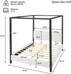 LUMISOL Queen Size Metal Canopy Bed with Upholstered Headboard, Modern Black Four Poster Bed Frame, Heavy Duty Canopy Platform Bedframe with Wood Slat Support & White Boucle Upholstery Fabric