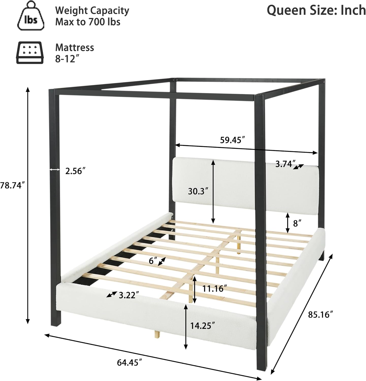 LUMISOL Queen Size Metal Canopy Bed with Upholstered Headboard, Modern Black Four Poster Bed Frame, Heavy Duty Canopy Platform Bedframe with Wood Slat Support & White Boucle Upholstery Fabric