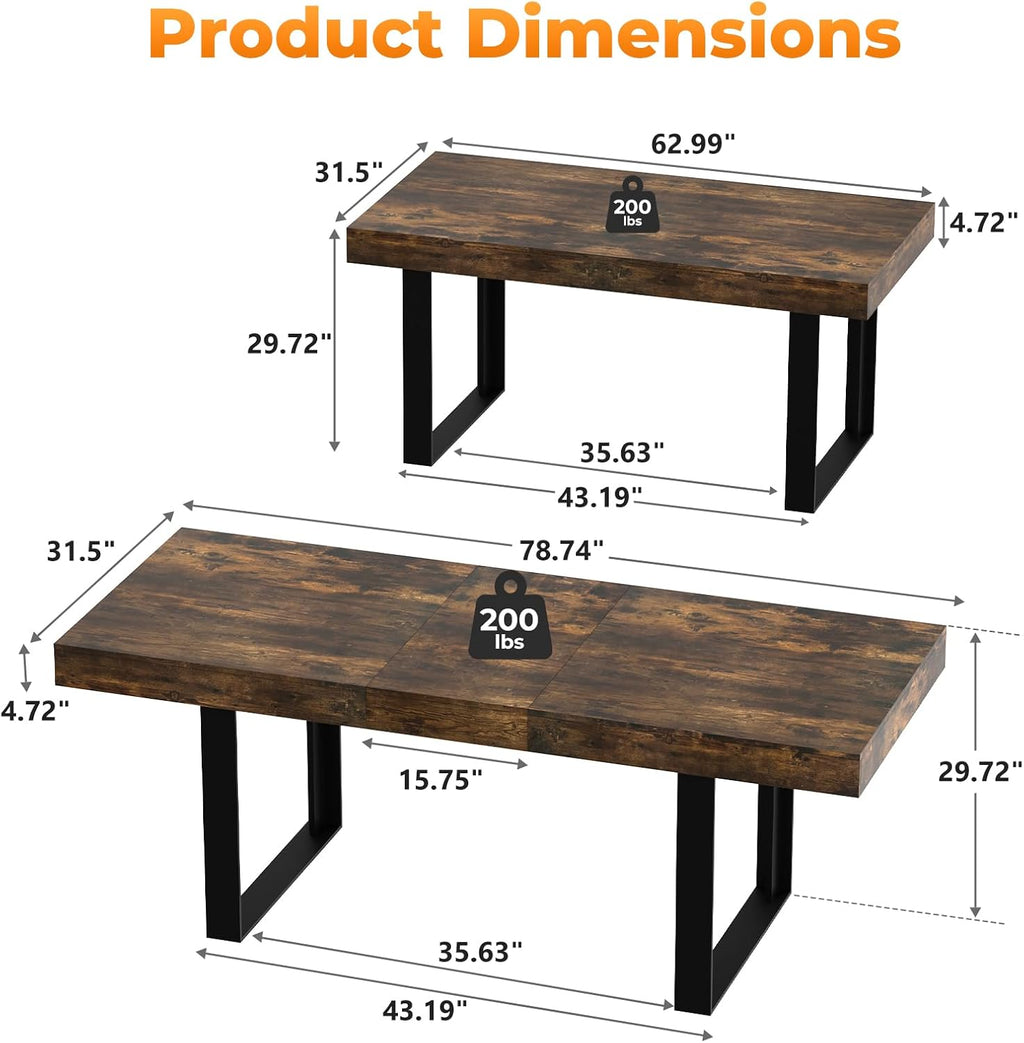 Zevemomo 63"-78.7" Rectangular Extendable Dining Table, 6-8 Extendable Dining Table, Conference Table, Kitchen Table with Slide Track, Tapered U-Shaped Wood Legs for Office, Living Room-Rustic Brown