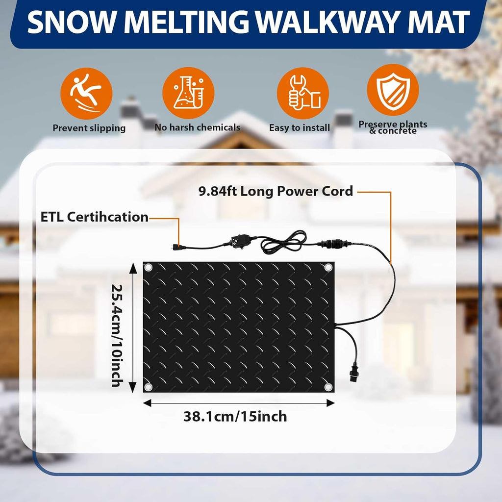 Riakrum 4 Pcs Heated Snow Melting Mats Outdoor, 10 x 15 in Winter Anti-Slip Heated Rubber Mat for Walkways Decks and Sidewalks, Snow and Ice Melting Pads Connection with 9.84 ft Power Cord