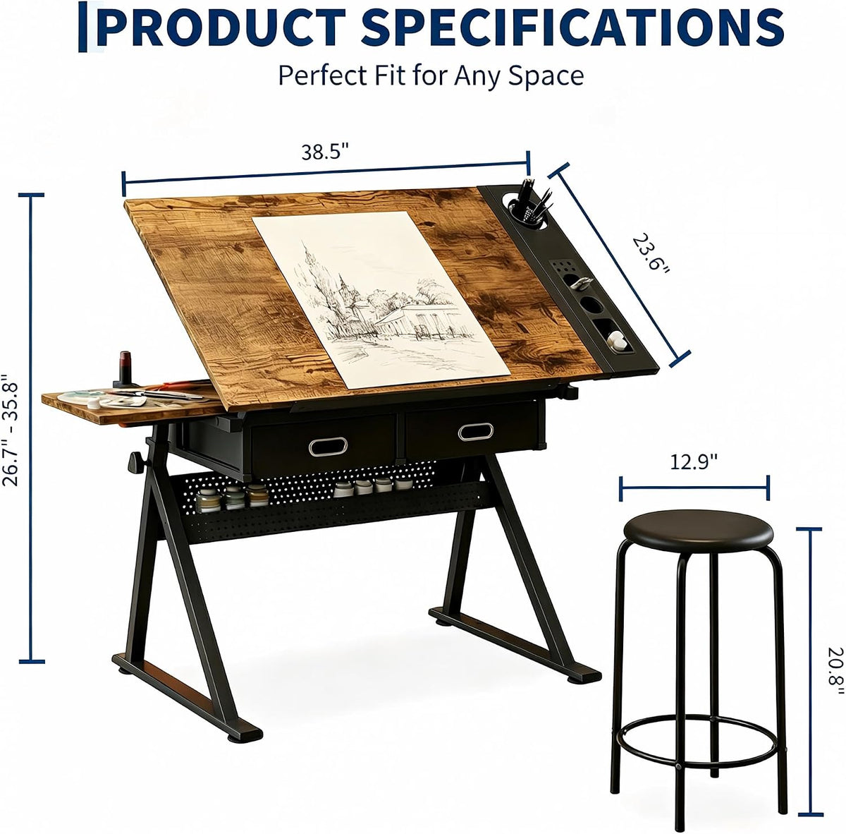 Garvee Height Adjustable Drafting Table, 0-75°Tilting Drawing Desk | Artist Table w/Stool, Multifunctional Art Craft Workstation with 2 Storage Drawers for Home Office Reading Writing Crafting