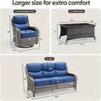 Swivel Patio Chairs sofa Set of 4 with 6" Thick Cushion - Wicker Outdoor Swivel Rocker Patio Chair ,Sofa/Glass coffee table, High Back Comfortable Outdoor Glider Chairs - Grey Wicker | Blue Cushions