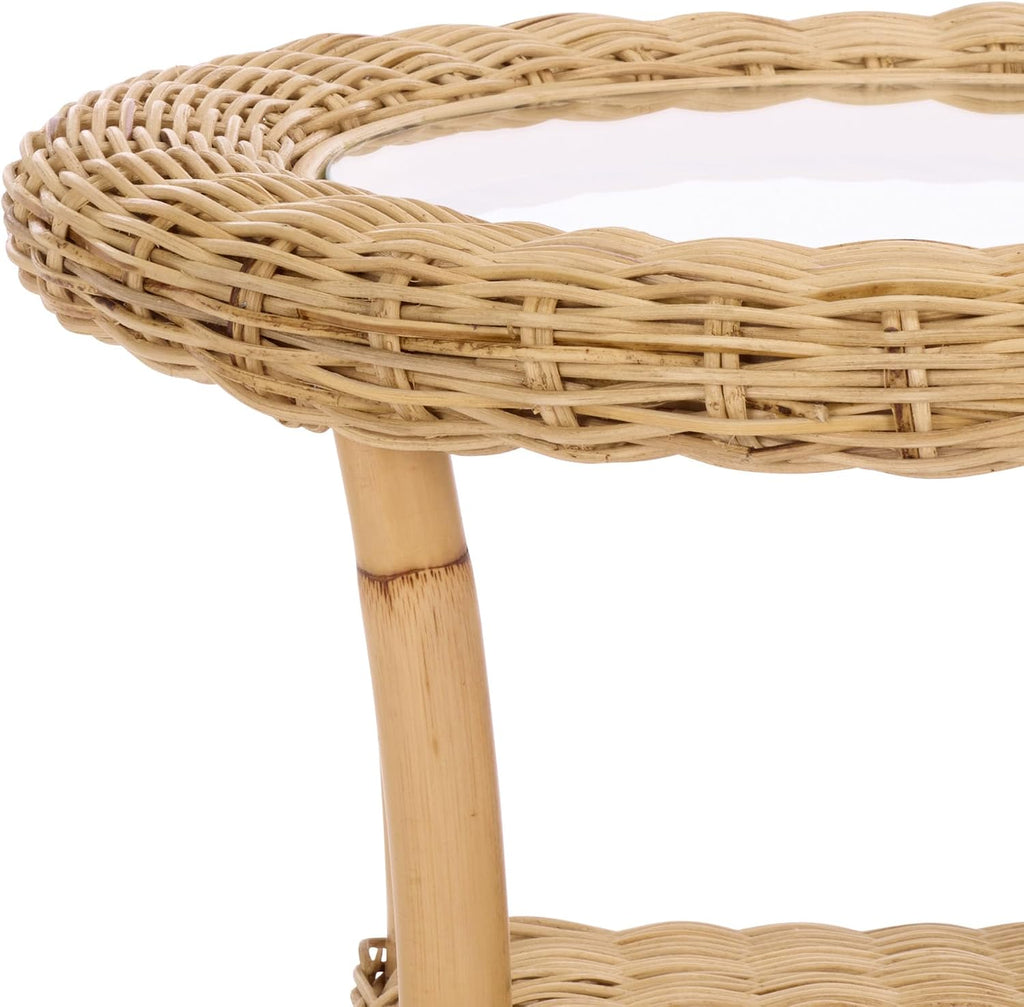 SAFAVIEH Home Collection - Damary Natural Rattan Accent Table, Round Glass Top, Coastal Boho Design, Fully Assembled (ACC6509A)