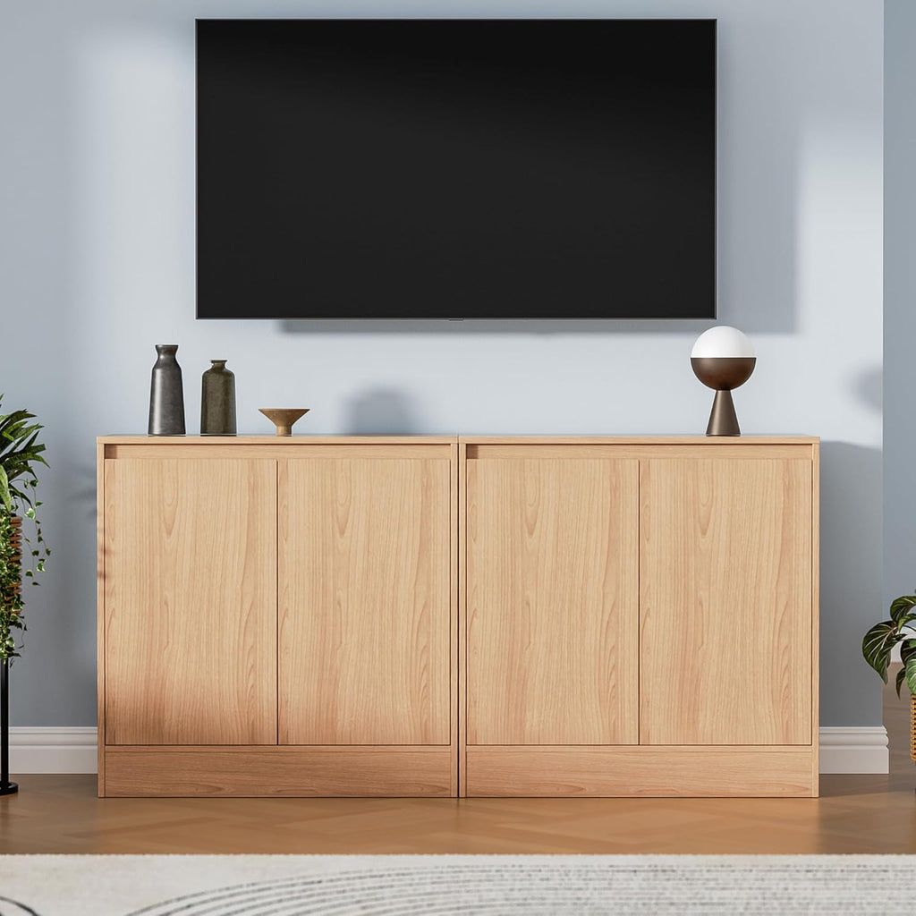 Housoul Buffet Cabinet with 4 Doors, Coffee Bar Cabinet with Adjustable Shelf, Modern Kitchen Buffet Sideboard for Living Room, Kitchen, Oak [2-Set]