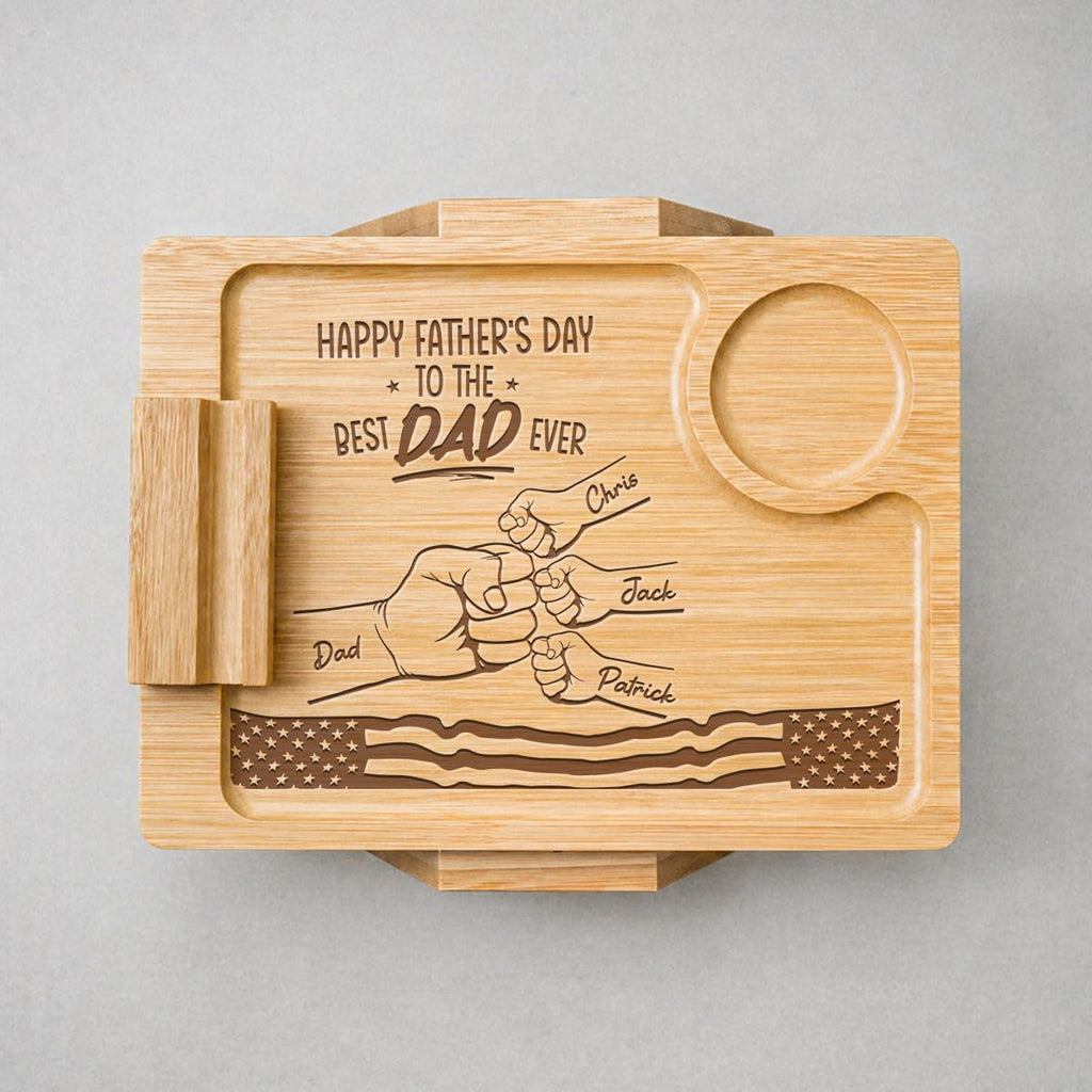 Wrappiness Custom Engraved Couch Arm Table for Dad, Wood Sofa Arm Rest Tables with 360° Phone Holder, Portable Sofa Armrest Tray for Drink Snacks, Gift for Fathers Day (Best Dad Ever)
