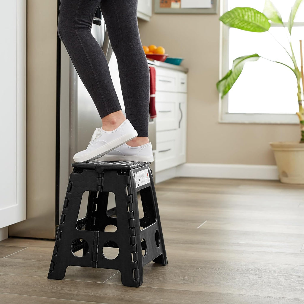 Casafield 16" Folding Step Stool with Handle (Set of 2), Black - Portable Collapsible Small Plastic Foot Stool for Adults - Use in the Kitchen, Bathroom and Bedroom