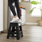 Casafield 16" Folding Step Stool with Handle (Set of 2), Black - Portable Collapsible Small Plastic Foot Stool for Adults - Use in the Kitchen, Bathroom and Bedroom