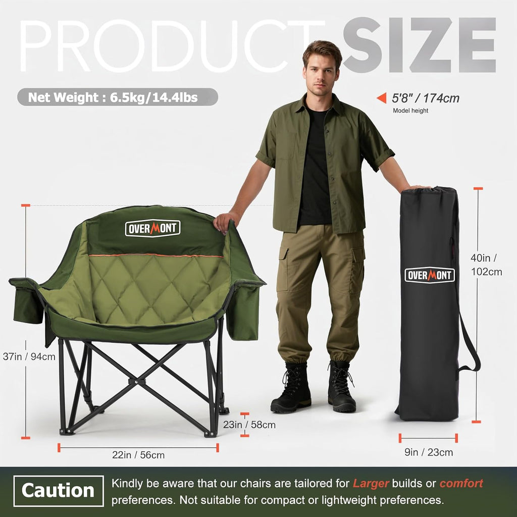 Overmont Oversized XL Camping Chair for Adults - 500lbs Support Heavy-Duty Padded Folding Chair with Side Pocket Cup Holder Cooling Bag for Outdoor Sports Garden Beach Fishing Lawn Green