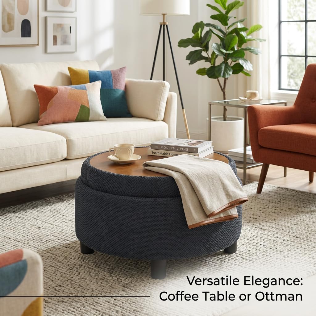 25'' Round Storage Ottoman with Reversible Tray Lid, Tufted Footrest Stool with Hidden Storage, Couch Side Table for Low Tea (Black)