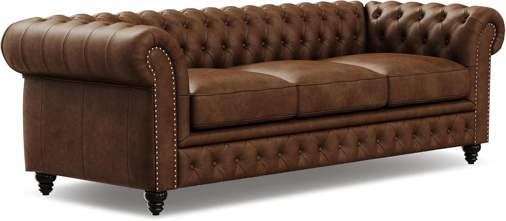 Valencia Parma 92" Leather Chesterfield Sofa, Premium Leather Upholstery, 3 Seater with Button-Tufted Back, Solid Wood Feet, Mid-Century Modern Design for Living Room (Lipari Chocolate)