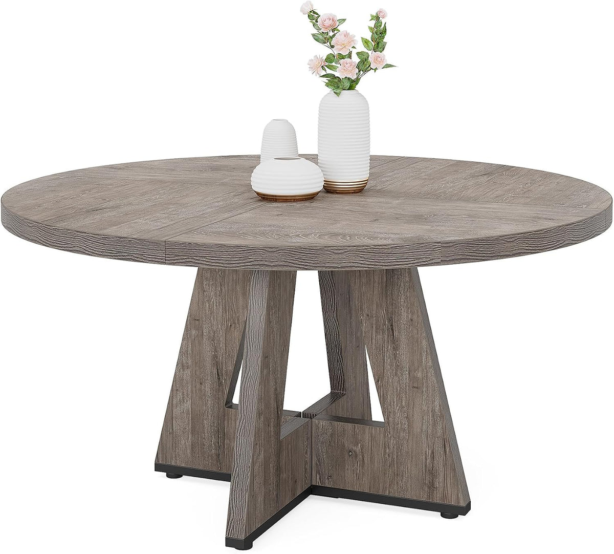 Tribesigns 47 inch Round Dining Table Wood Kitchen Table for Dining Room, 47" Dinner Room Tables for 4-6, Farmhouse Accent Furniture with Wooden Tabletop and Cross Base, Rustic Grey | for Dining Room