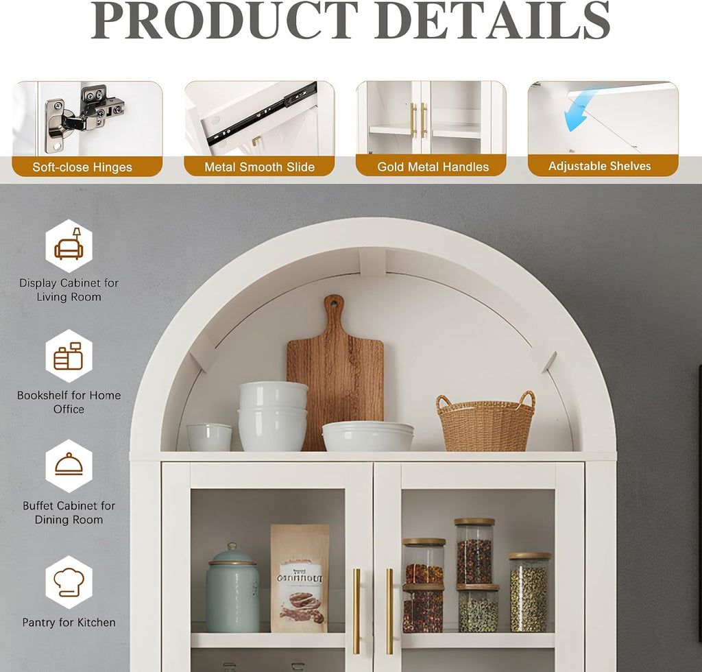 71" Tall Arched Kitchen Pantry Cabinet with Glass Doors - Farmhouse Storage Cabinet with Adjustable Shelves & Barn Door Design - Freestanding Cupboard for Kitchen, Dining & Living Room (White)