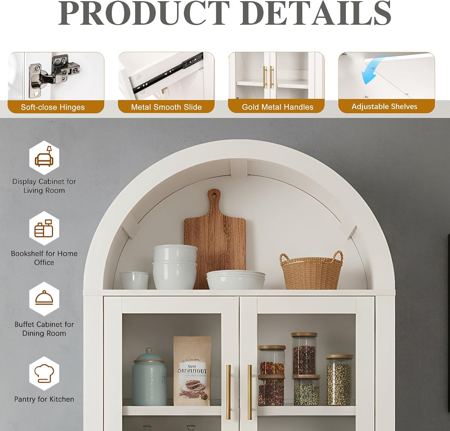 71" Tall Arched Kitchen Pantry Cabinet with Glass Doors - Farmhouse Storage Cabinet with Adjustable Shelves & Barn Door Design - Freestanding Cupboard for Kitchen, Dining & Living Room (White)