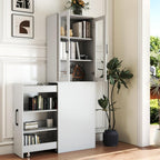 KEIKI 70.87" H Kitchen Pantry Storage Cabinet with Pull-Out Shelf, Glass Doors, Tall Modern Wooden Display Cabinet, Bookshelf, Bookcase, Food Pantries for Dining Room, Living Room Home Office, White