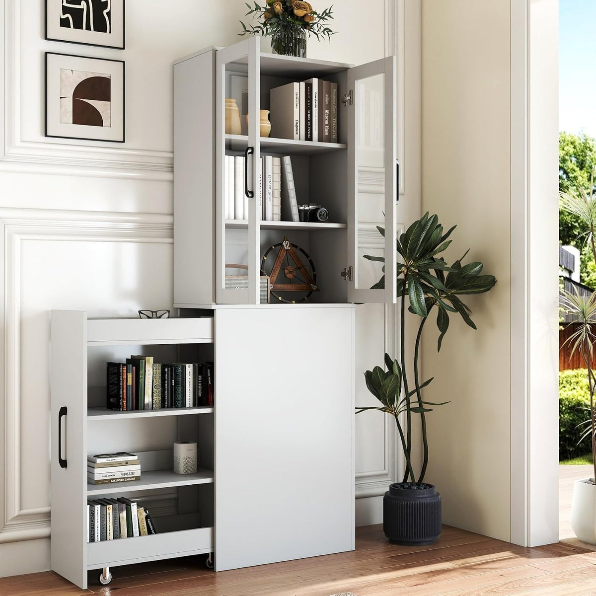 KEIKI 70.87" H Kitchen Pantry Storage Cabinet with Pull-Out Shelf, Glass Doors, Tall Modern Wooden Display Cabinet, Bookshelf, Bookcase, Food Pantries for Dining Room, Living Room Home Office, White