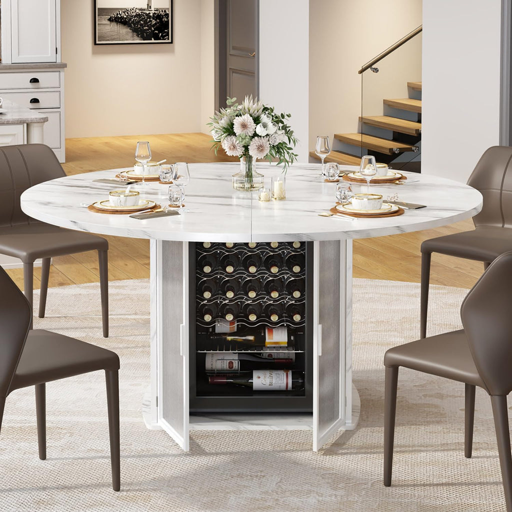 IBF 47" Round Dining Table with Storage, White Faux Marble Kitchen Tables for 4-6 People, Modern Dining Room Table with Fridge Space, Wood Circle Dinner Tables for Home, White Marble, Only Table