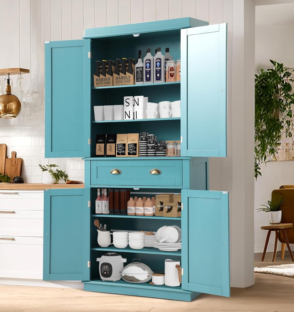 LOUVIXA 72" Kitchen Pantry Storage Cabinet, Freestanding Cupboard with 2 Cabinets, Drawer and Adjustable Shelves, Tall Storage Cabinet for Kitchen, Dinning Room, Living Room (Lake Blue)
