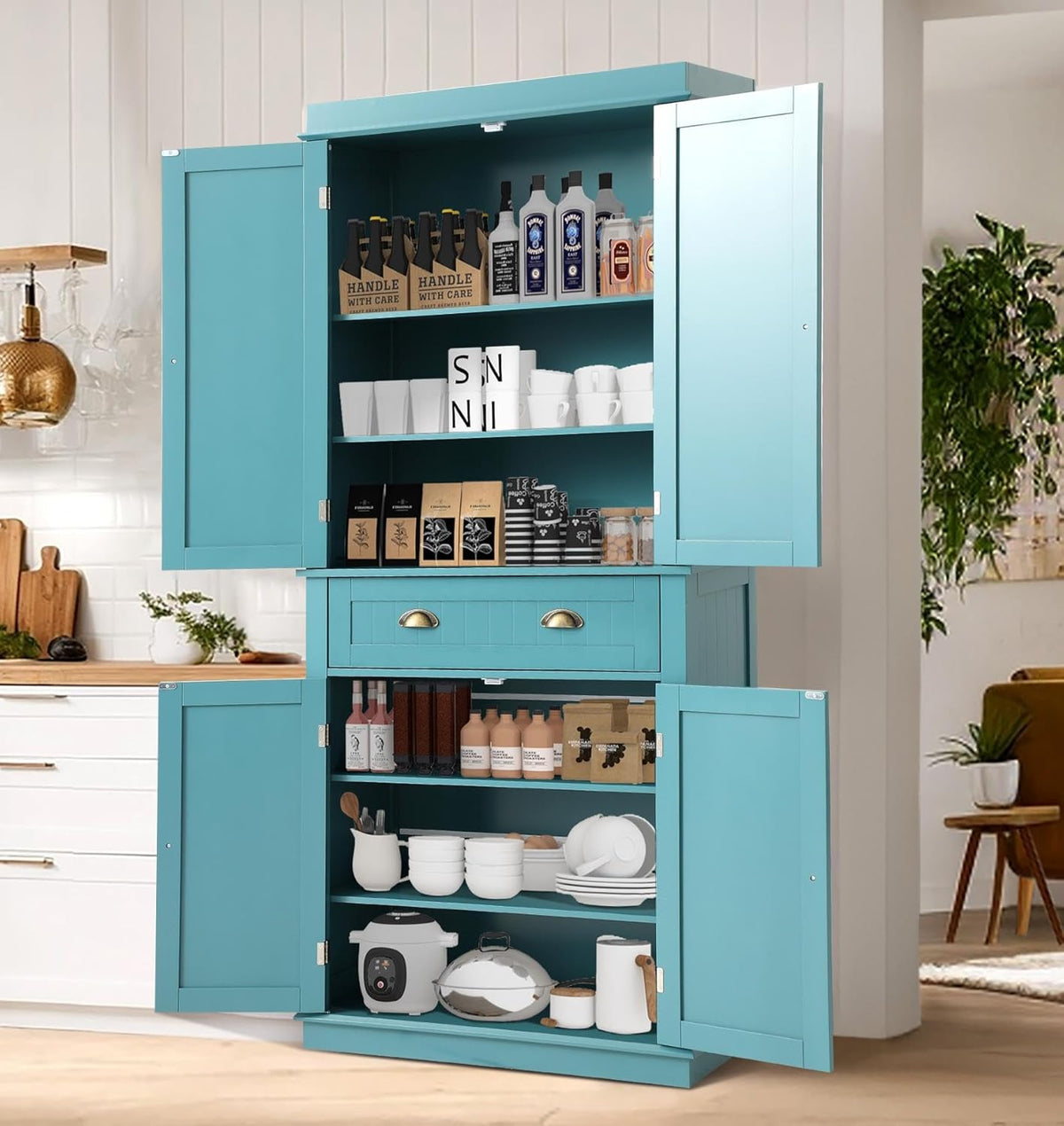 LOUVIXA 72" Kitchen Pantry Storage Cabinet, Freestanding Cupboard with 2 Cabinets, Drawer and Adjustable Shelves, Tall Storage Cabinet for Kitchen, Dinning Room, Living Room (Lake Blue)