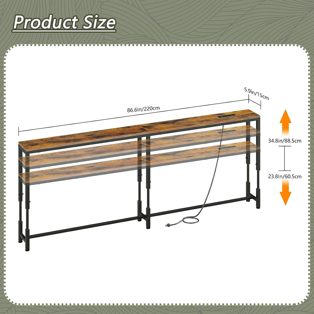 86.6" Behind Couch Table Adjustable Height 23.8~34.8" with Charging Station, 5.9" Narrow Console Table Skinny, Anti-Collision Pads, Anti-Tipping Kit for Living Room