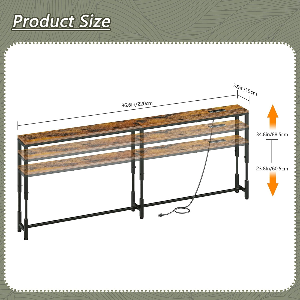 86.6" Behind Couch Table Adjustable Height 23.8~34.8" with Charging Station, 5.9" Narrow Console Table Skinny, Anti-Collision Pads, Anti-Tipping Kit for Living Room