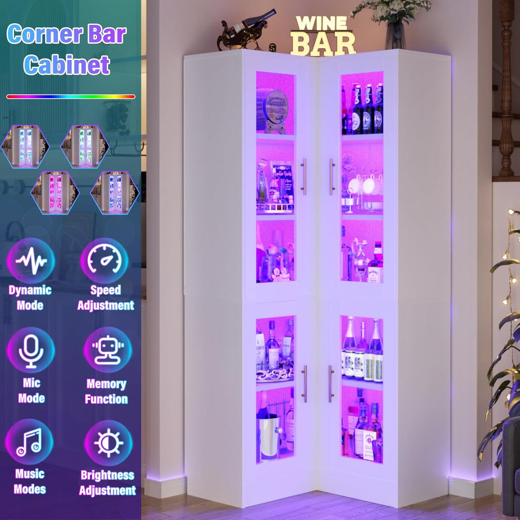 Armocity Corner Pantry Cabinet with Doors, 70" Tall Corner Storage Cabinet with LED Lights, 6-Tier Kitchen Pantry Cabinet, White