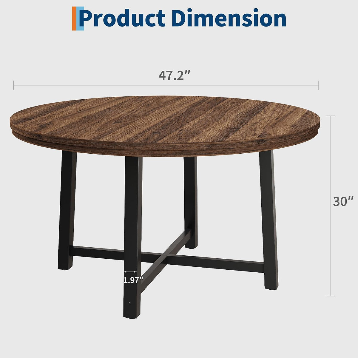 GarveeHome 47 in Round Dining Table, Industrial Dinner Table for 4 to 6, Wooden Kitchen Table with Sturdy Metal Frame & Rustic Brown Finish, Circle Kitchen Table for Dining Room, Kitchen （No Chairs）
