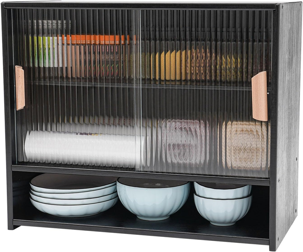 3 Tier Kitchen Pantry Storage Cabinet with with 2 Sliding Striped Glass Doors Console Dining Cupboard Modern Freestanding Bamboo Sideboard for Dining Room Kitchen Black (21.6x11x18.1inch)