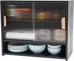 3 Tier Kitchen Pantry Storage Cabinet with with 2 Sliding Striped Glass Doors Console Dining Cupboard Modern Freestanding Bamboo Sideboard for Dining Room Kitchen Black (21.6x11x18.1inch)