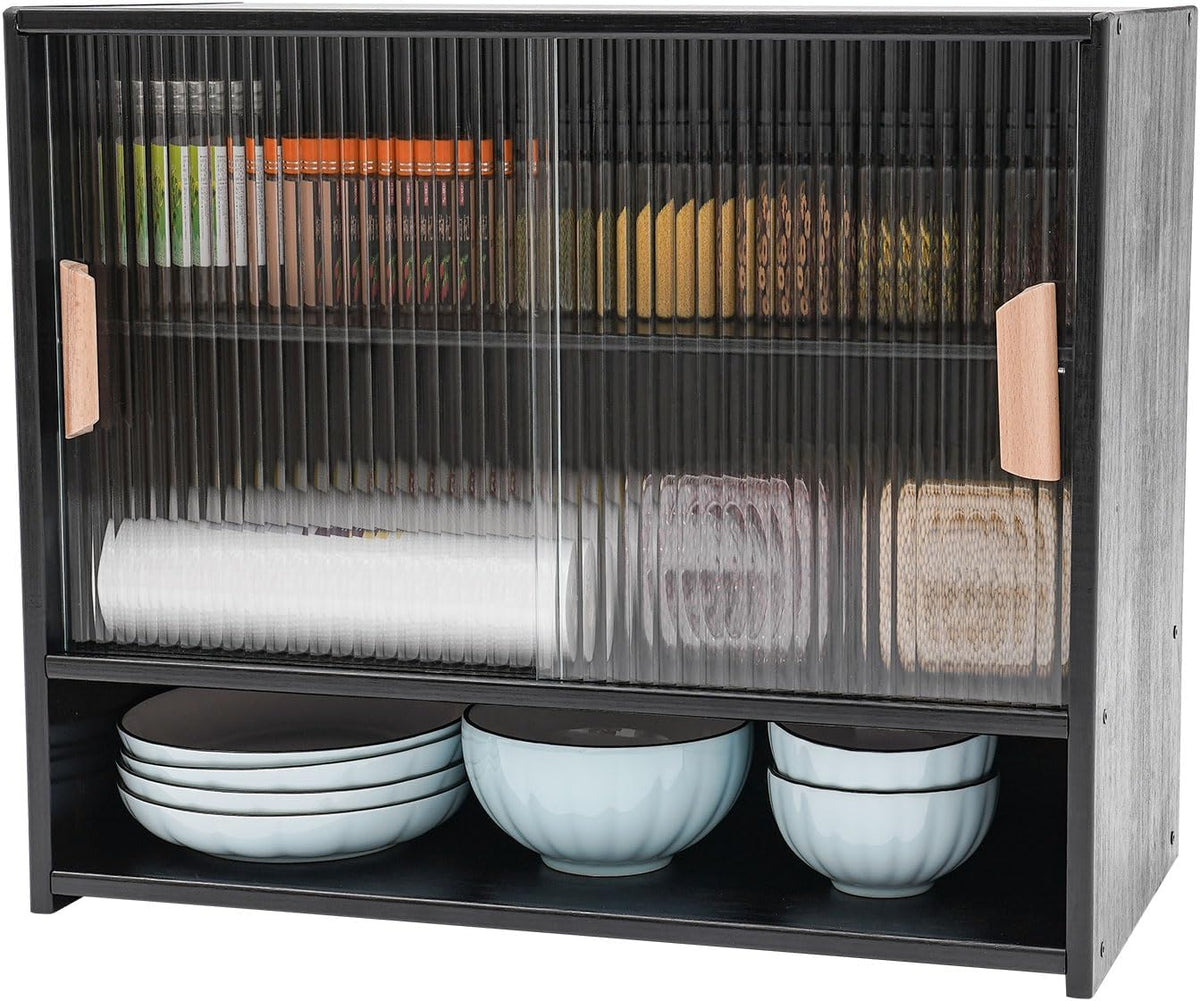 3 Tier Kitchen Pantry Storage Cabinet with with 2 Sliding Striped Glass Doors Console Dining Cupboard Modern Freestanding Bamboo Sideboard for Dining Room Kitchen Black (21.6x11x18.1inch)
