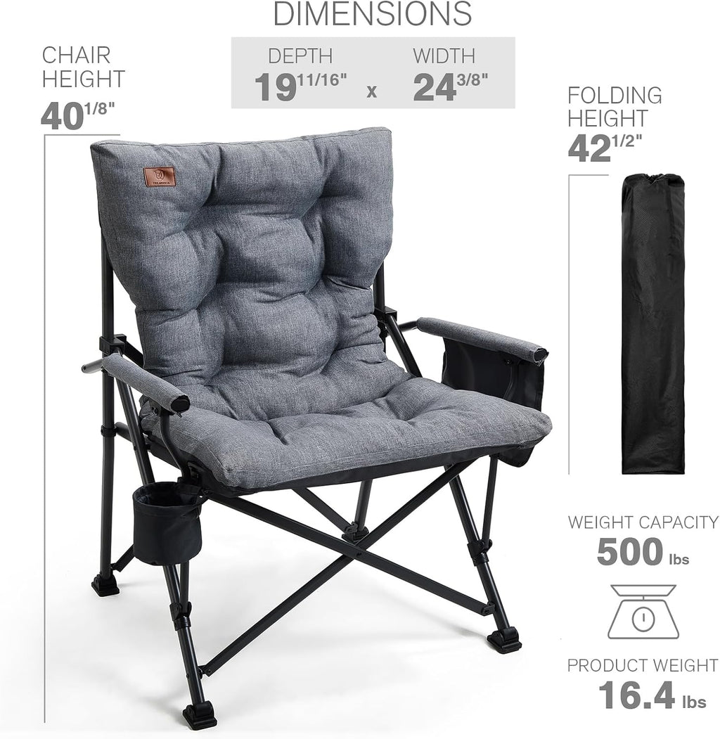 EVER ADVANCED Padded Oversized Folding Camping Chair for Adults, Heavy Duty Lawn Chair with Side Pockets, Portable Collapsible Quad Chair for Outside, Support Up to 500lbs, Grey 2Pack