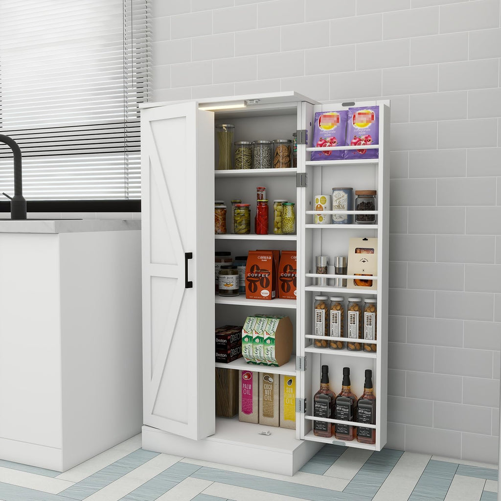 Locsear Kitchen Pantry Storage Cabinet w/LED, 50" Pantry Cabinets w/Doors and Adjustable Shelves, Freestanding Pantry Cupboard for Kitchen, Dinning Room, Living Room, Small Place, White