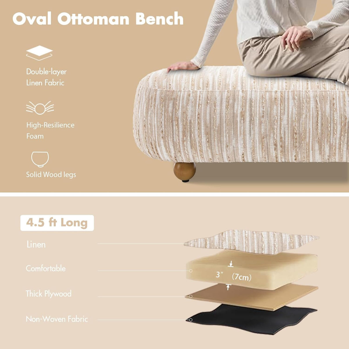 Hyfirm 54" Oatmeal Linen Upholstered Bench – Beige End of Bed Ottoman with Round Solid Wood Legs, Long Oval Footstool for Entryway & Hallway, Padded Seat (No Back)