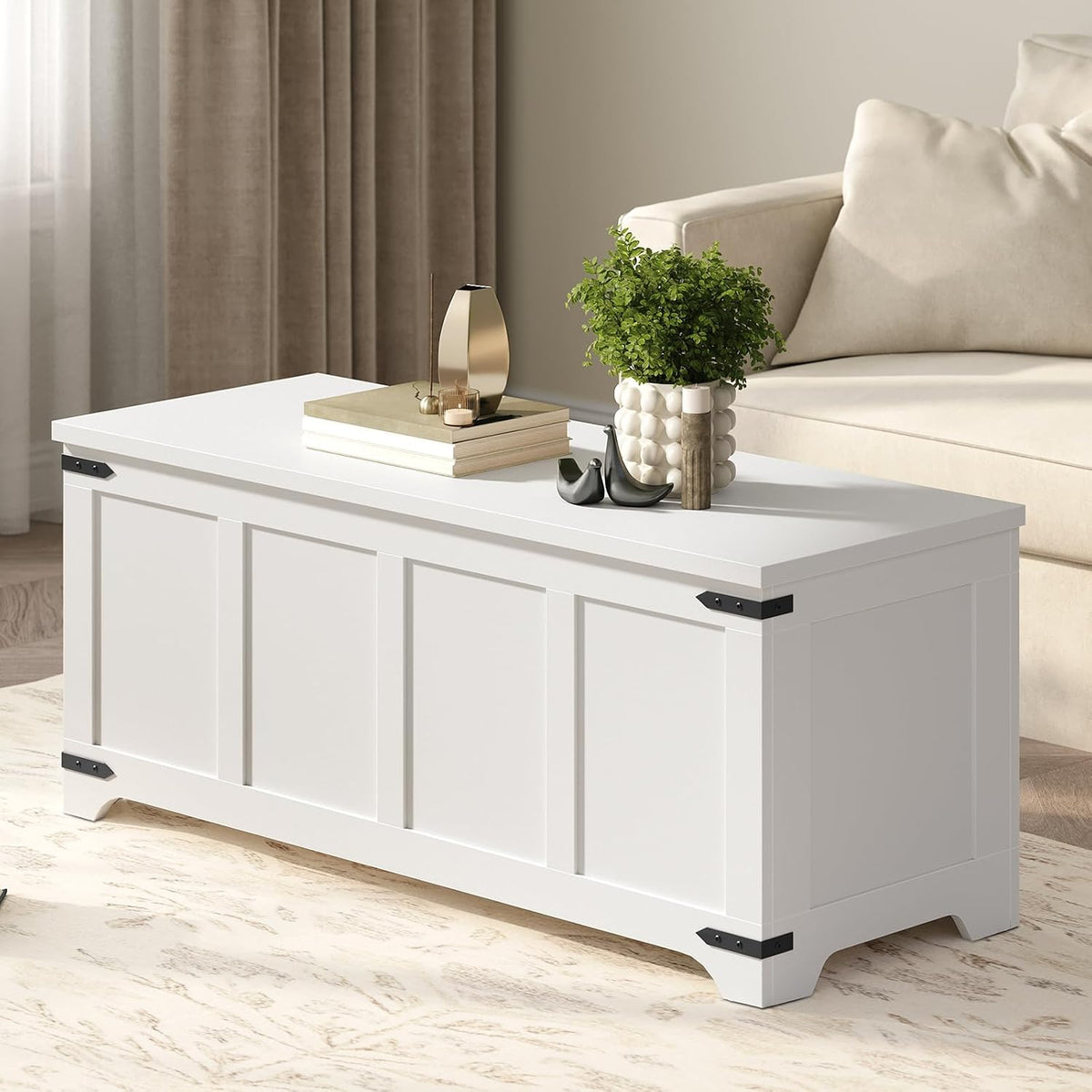 MAHANCRIS 47.2" Storage Chest Extra Large, Wooden Storage Bench with 2 Safety Hinges, Entryway Shoe Bench, 47.2x15.7x19.7 Inch, Easy Assembly, Storage Trunk for Living Room, Bedroom, White SCBW4901